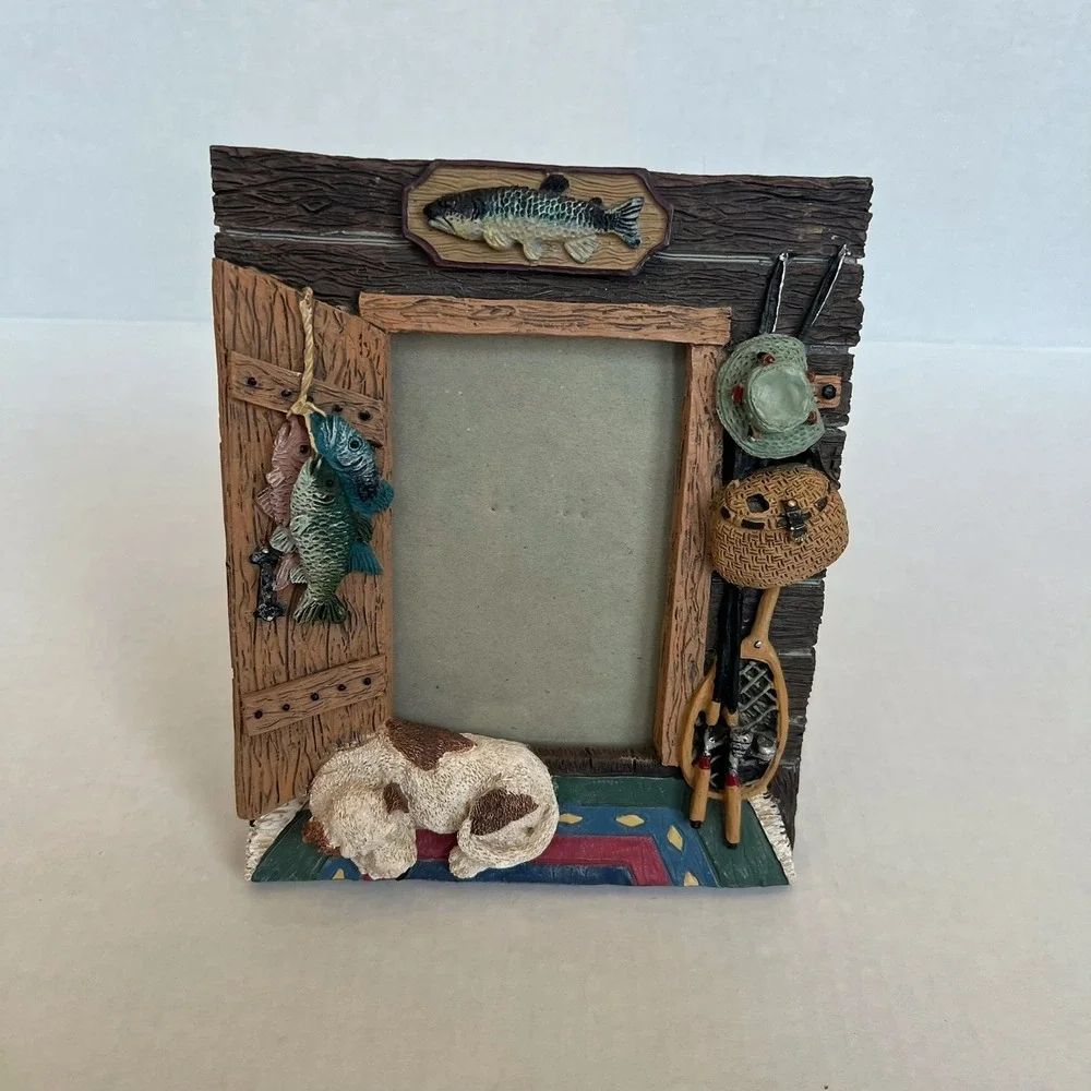 Vtg Rustic Fishing Cabin Resin Picture Frame Sleeping Dog Rods Net Lodge Decor